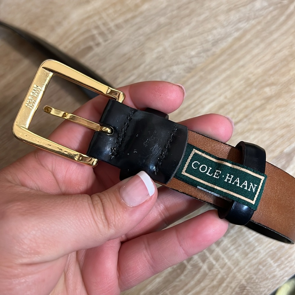 Cole Haan | Men's Black Leather Belt with Gold Buckle - Picture 4 of 6